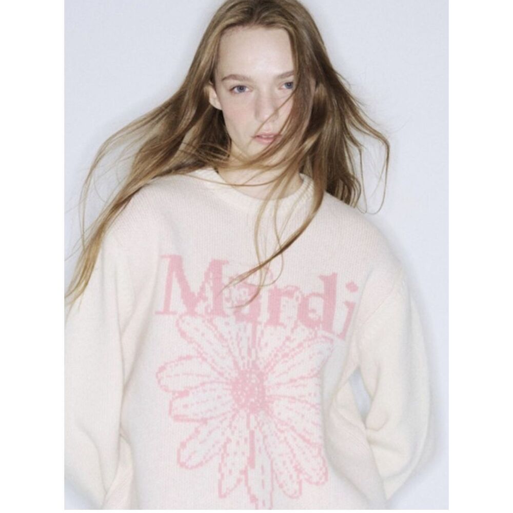 Mardi Mercredi Cashmere Crewneck Sweater Ivory Pink Flower ONE SIZE